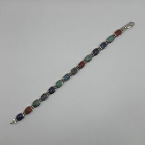 925 Sterling Silver Multi Stone Bracelet 7.5” Colorful Gemstone Vintage Style